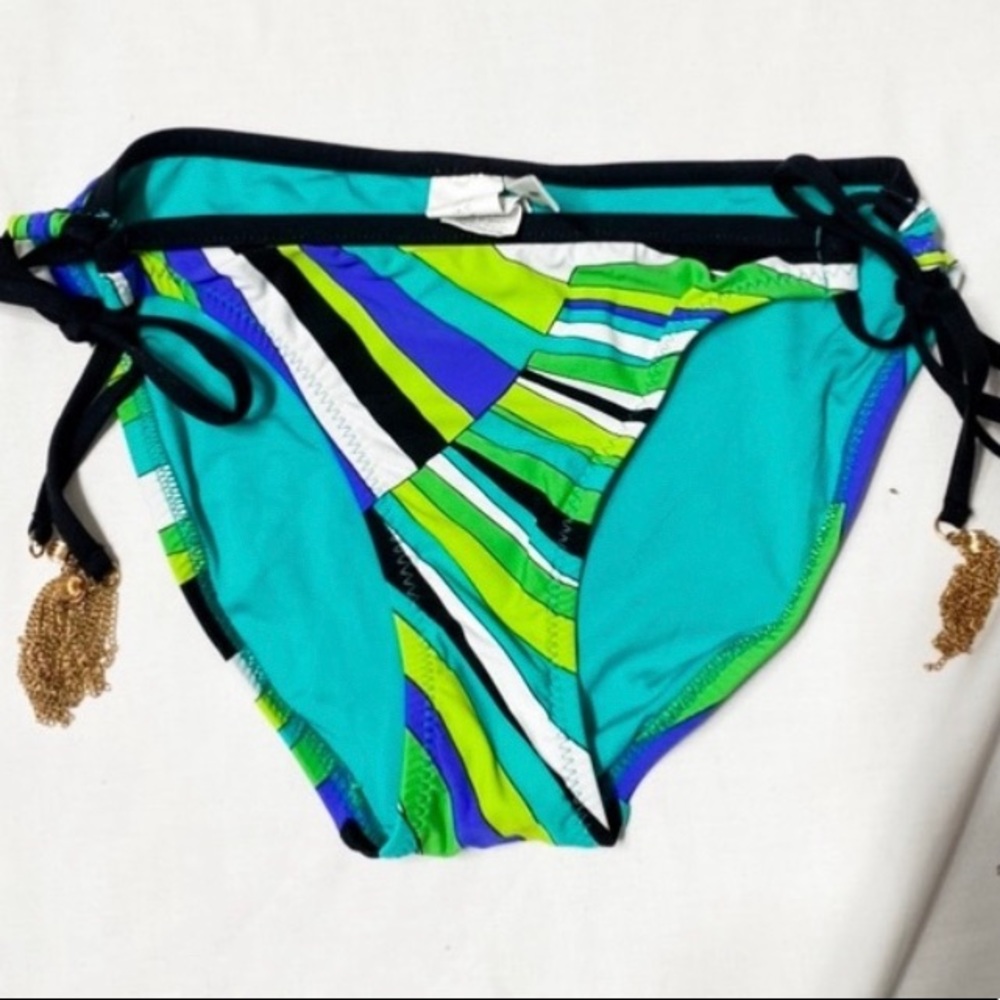 NEW Trina Turk Sunburst Bikini Bottoms 8 Tassels Green Black Prism color…